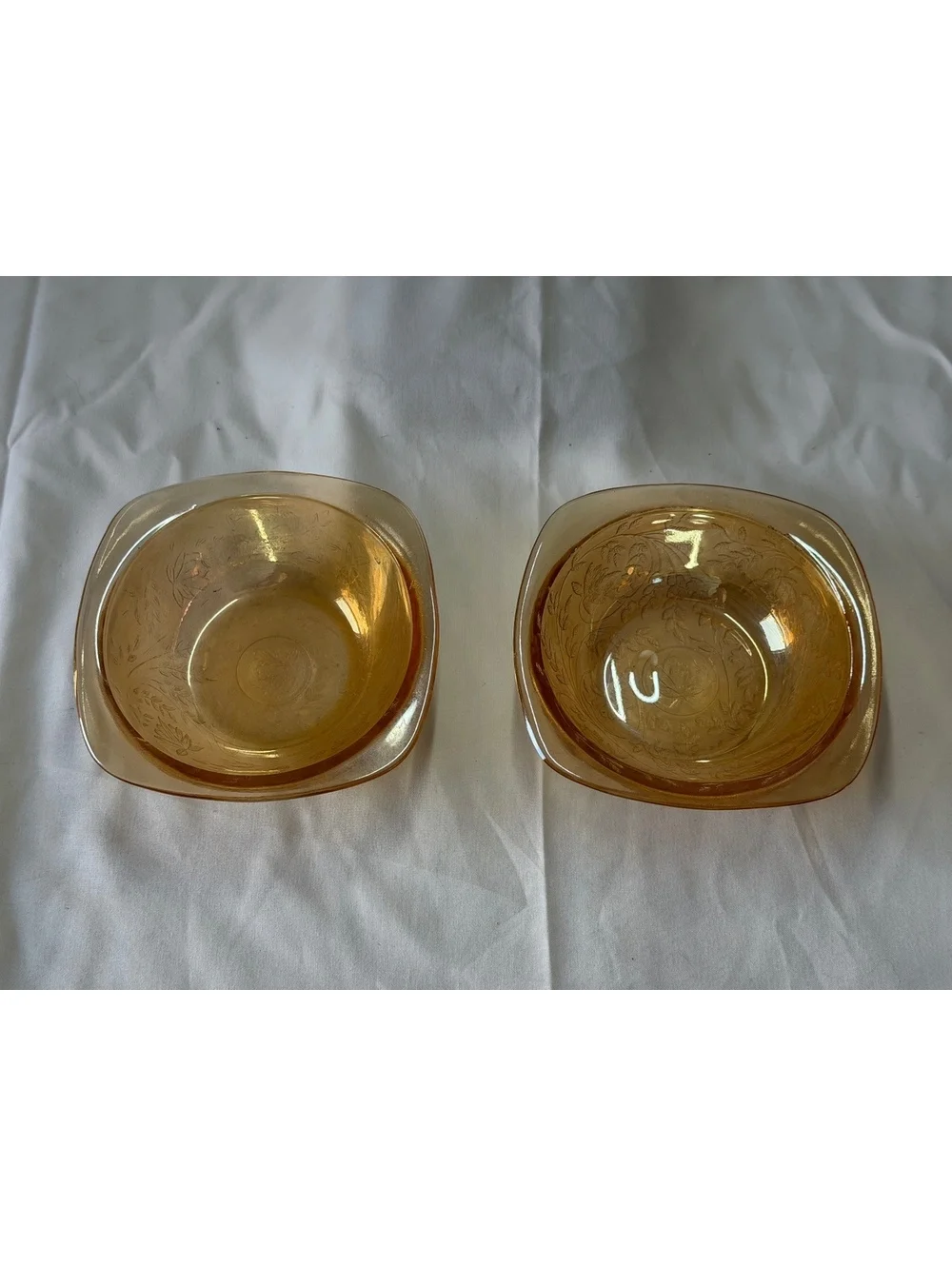 Federal Sharon Cabbage Rose Golden Glo Amber Depression Glass Berry Bowls Set 2